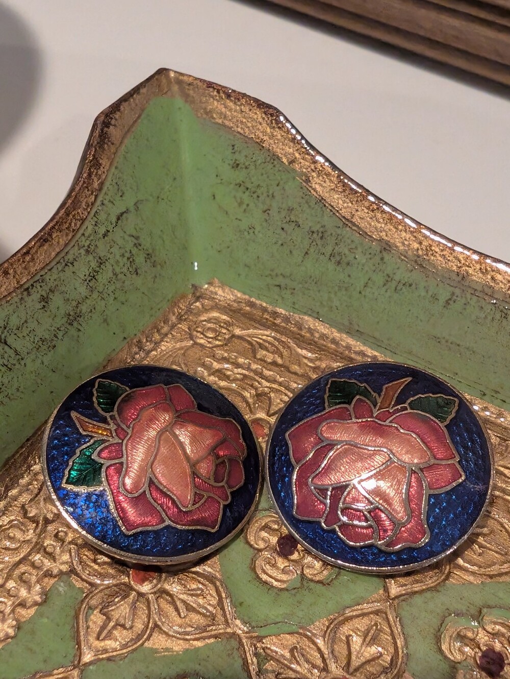 Vintage Enamel Rose Floral Button Clip-on Earrings - Blue and Pink